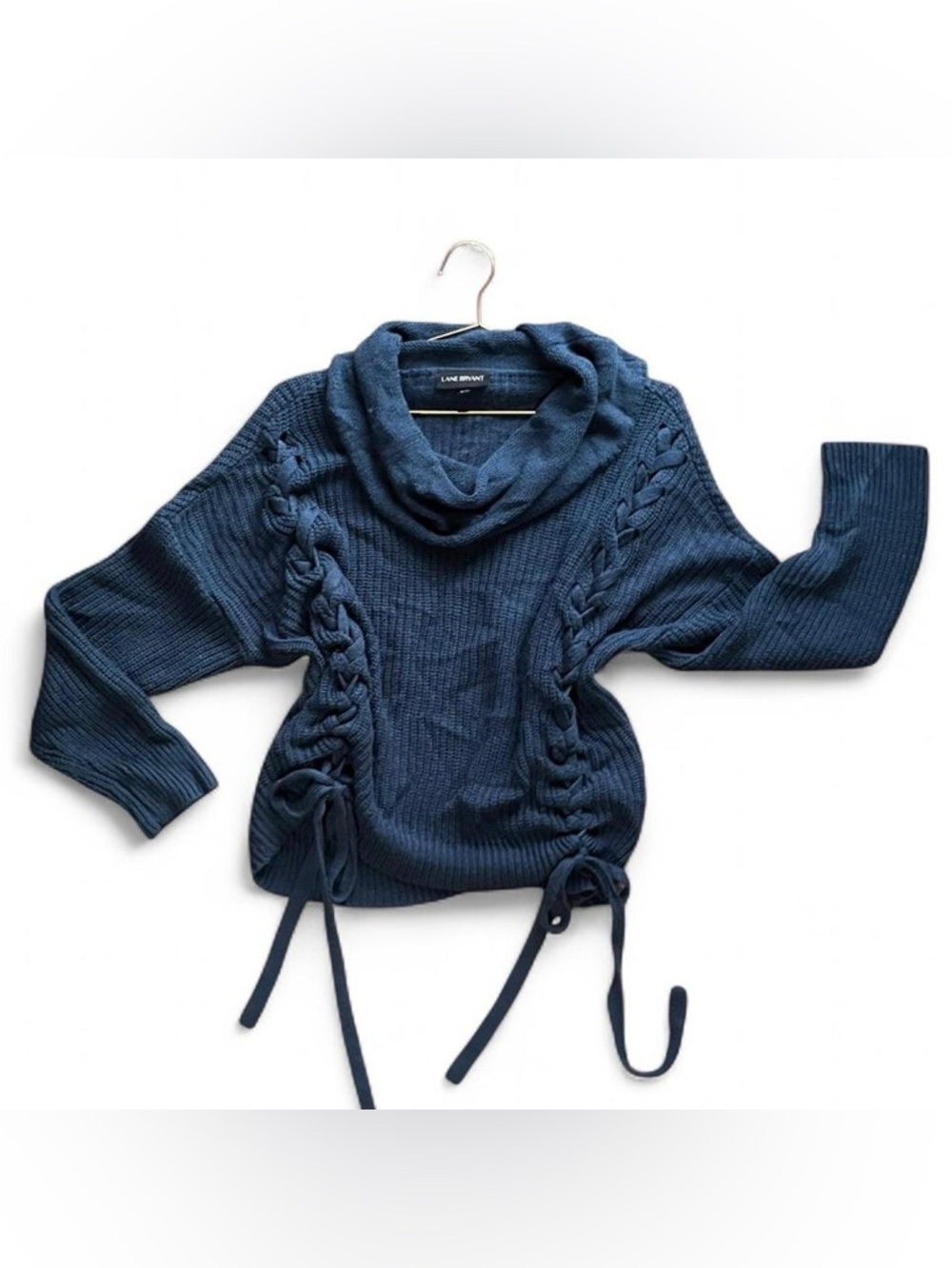 Lane Bryant Teal Lace-Up Knit Cowl Neck Sweater – Textured Cozy Pullover (18/20)